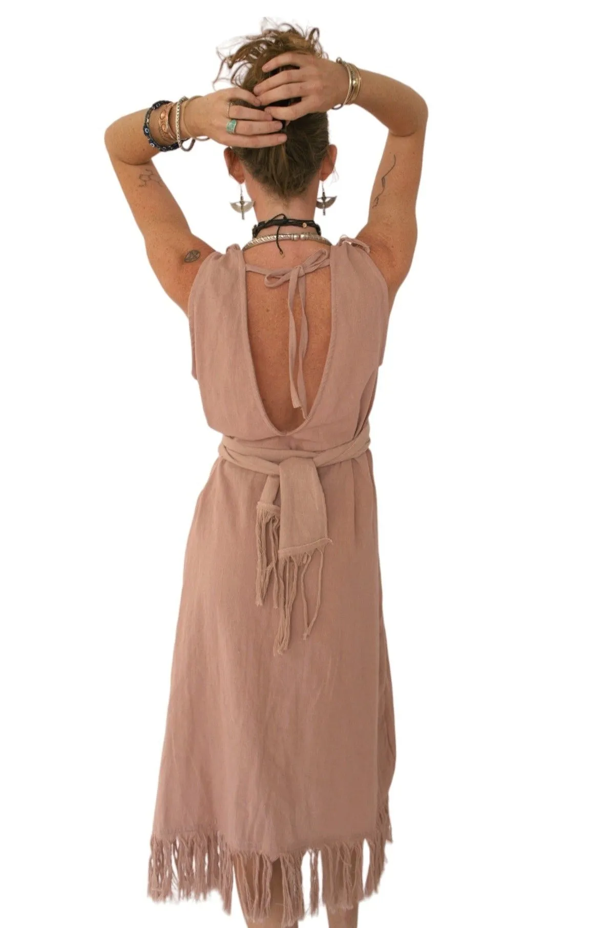 Organic Cotton Light Pink Fringe Dress (Open Back)