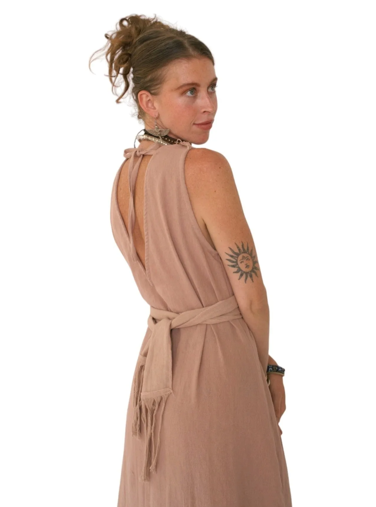 Organic Cotton Light Pink Fringe Dress (Open Back)