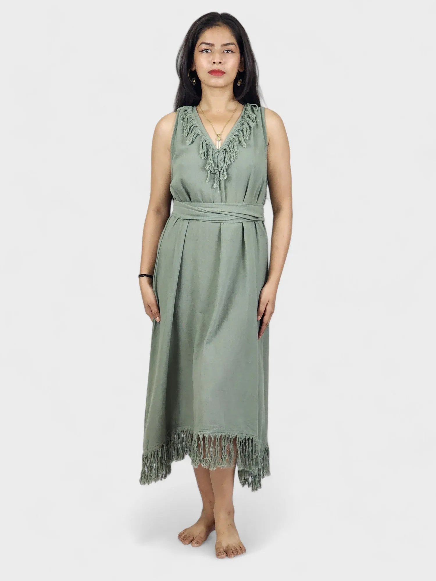 Organic Cotton Sage Fringe Dress (Open Back)