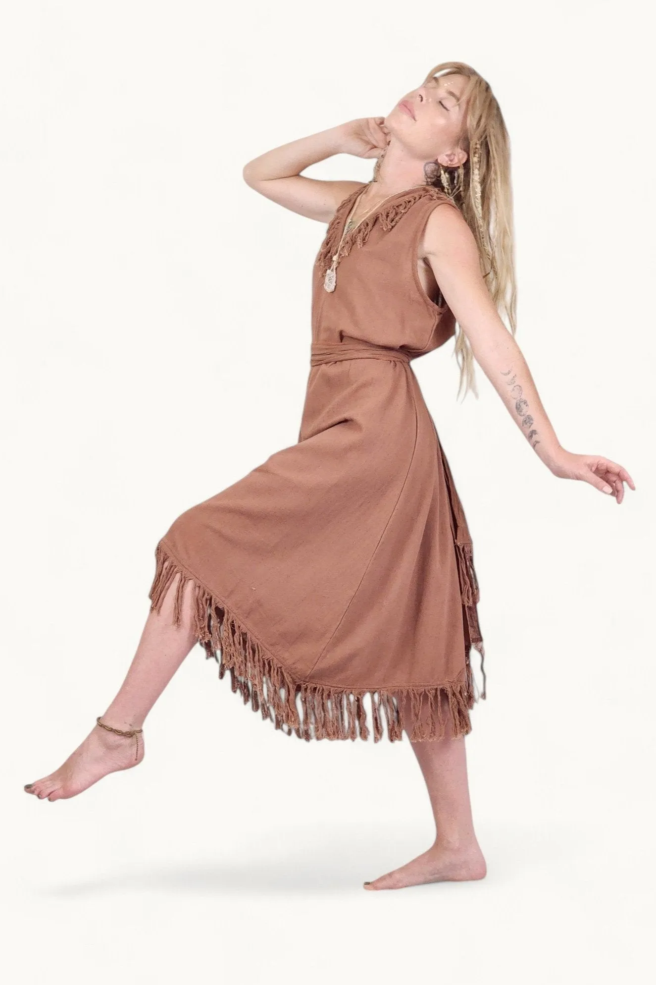 Organic Cotton Terracotta Fringe Dress (Open Back)