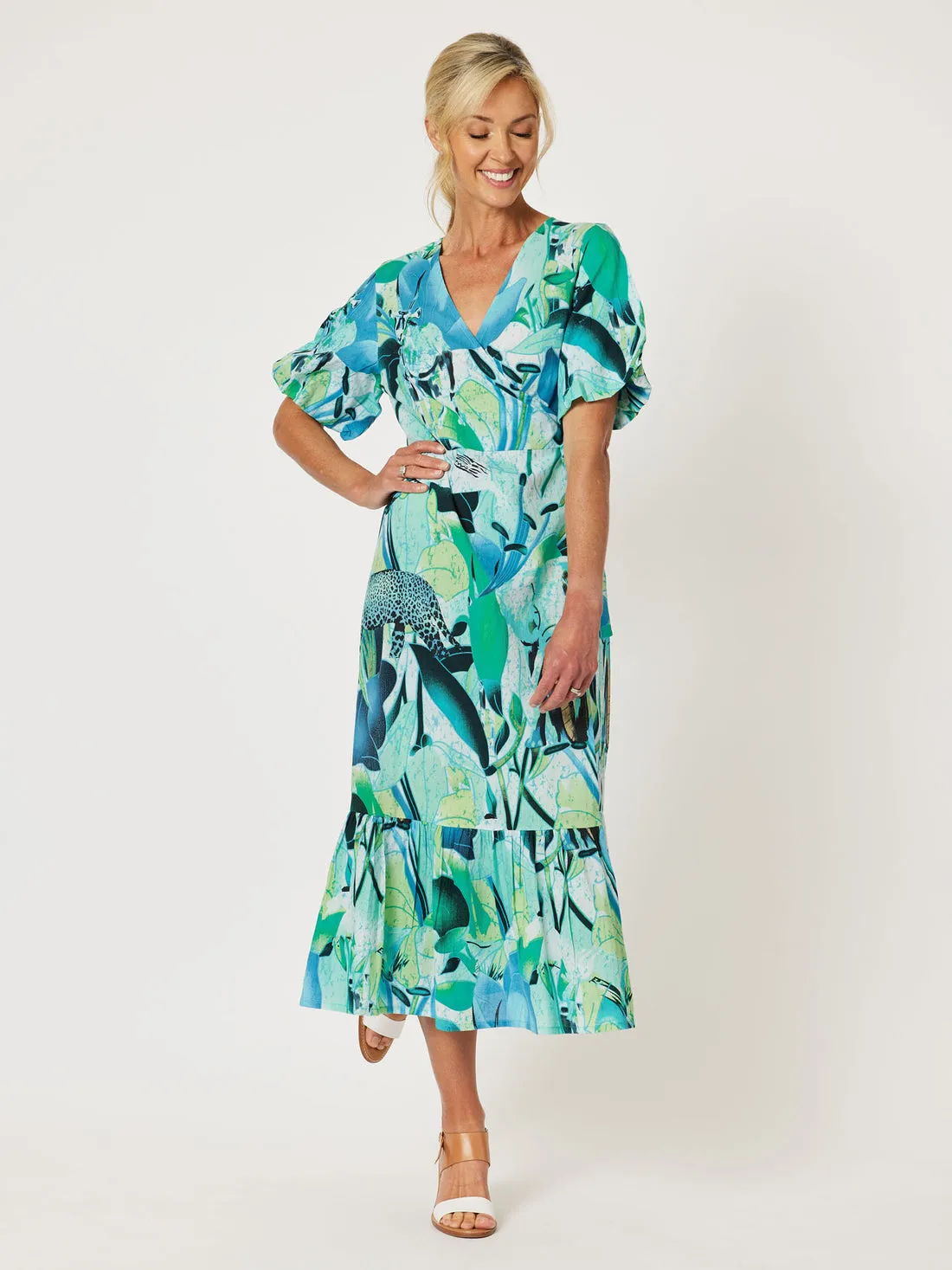 Palm Print Cotton Wrap Dress - Green