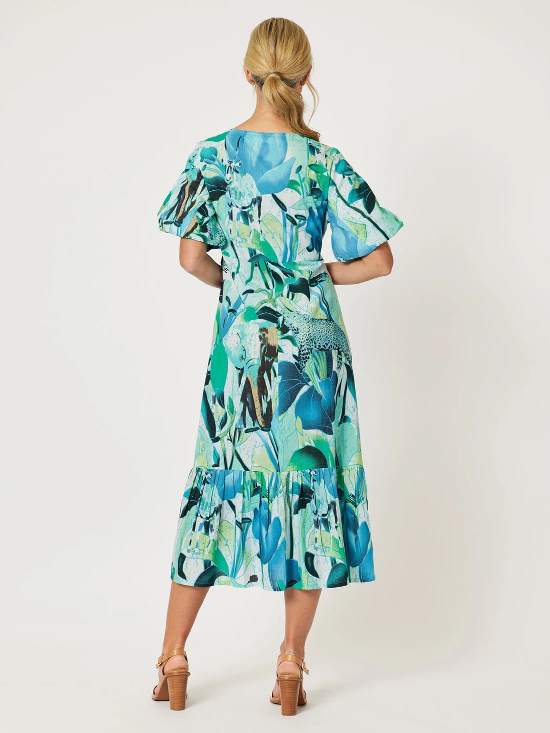 Palm Print Cotton Wrap Dress - Green