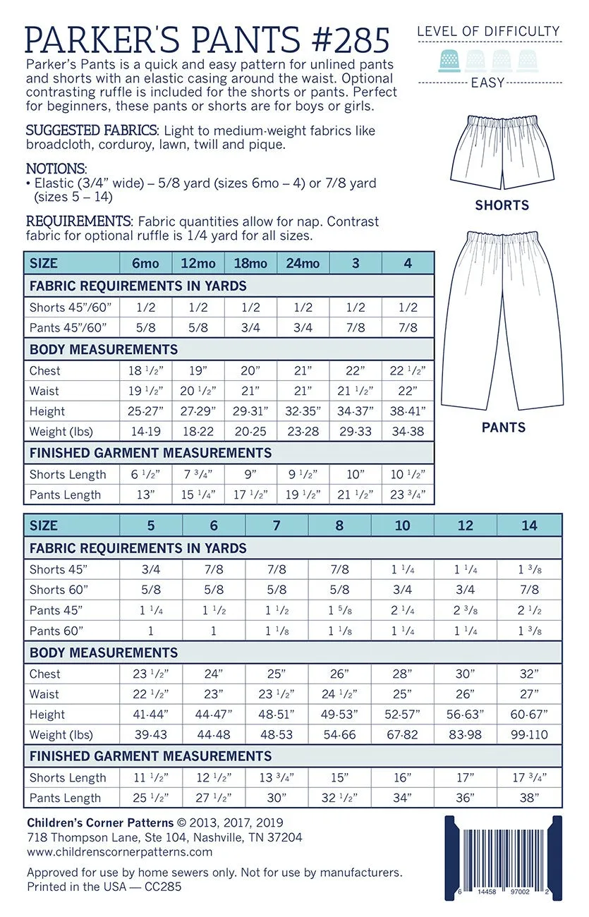 Parker's Pants Sizes 6mos - 14 Pattern