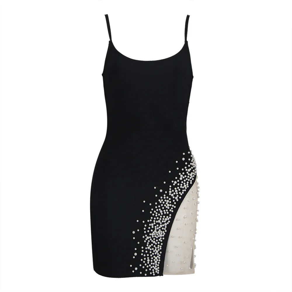 Pearls Detail Asymmetrical Hem Cami Bodycon Dress