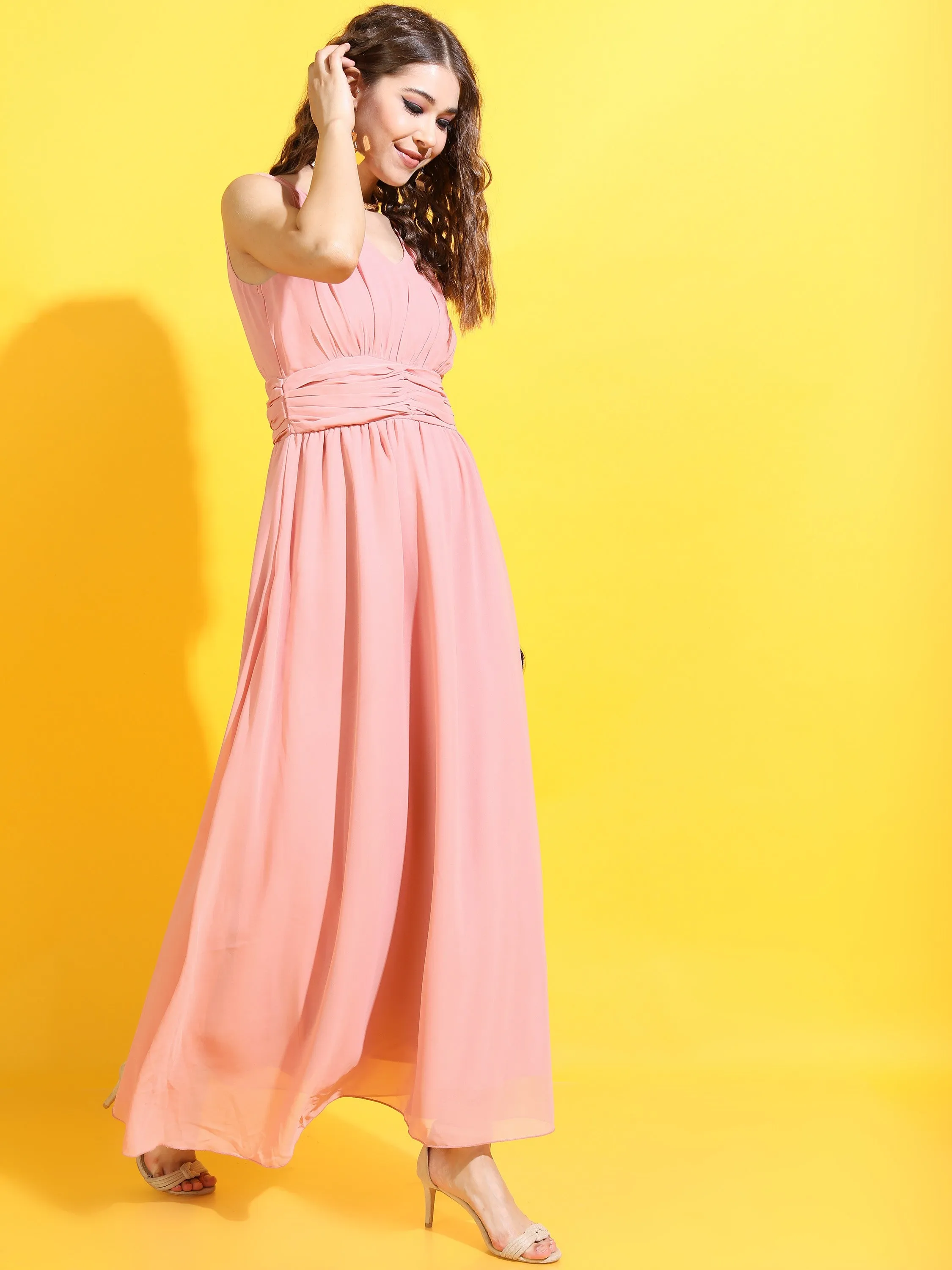 Pink V-Neck Sleeveless Maxi Dress