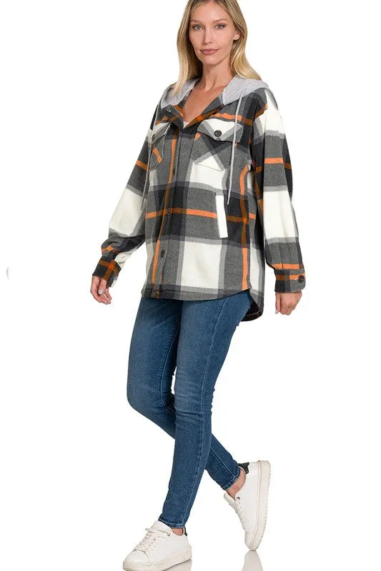 Plaid Drawstring Hooded Fleece Shacket [Online Exclusive]