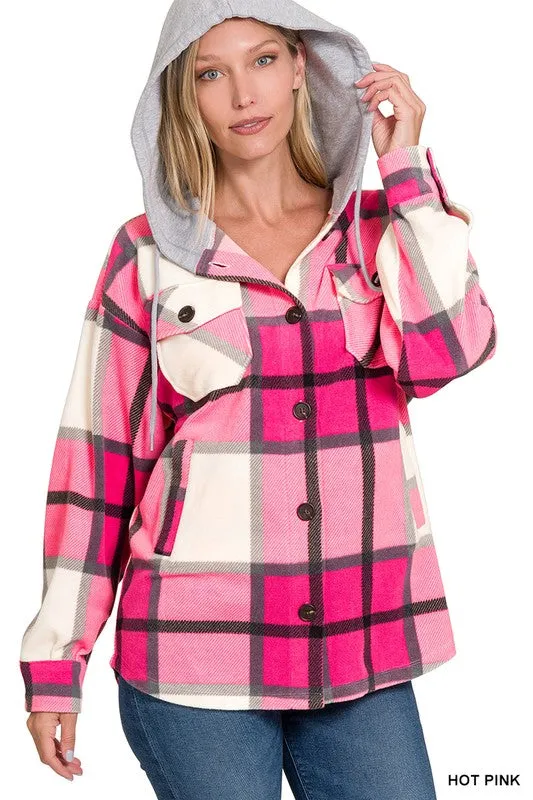 Plaid Drawstring Hooded Fleece Shacket [Online Exclusive]