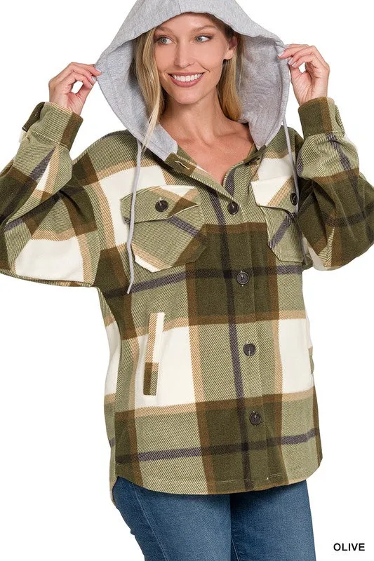 Plaid Drawstring Hooded Fleece Shacket [Online Exclusive]