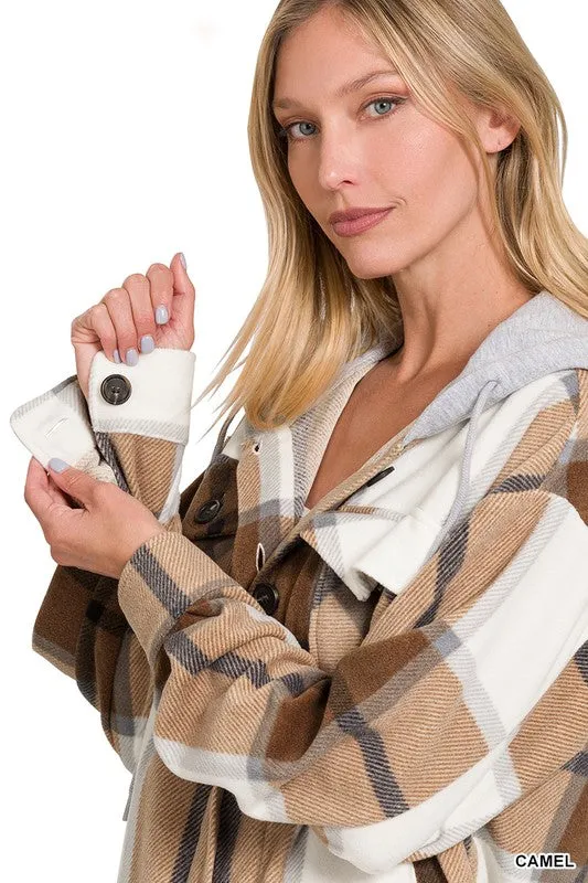 Plaid Drawstring Hooded Fleece Shacket [Online Exclusive]