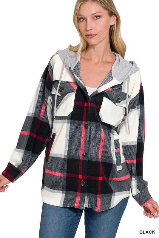 Plaid Drawstring Hooded Fleece Shacket [Online Exclusive]