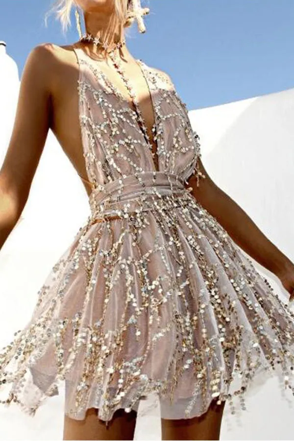 Plunge V-neck Backless Sequined Dress