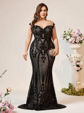 Plus Size Black Lace Sheer Luxurious Beaded Mermaid Dress