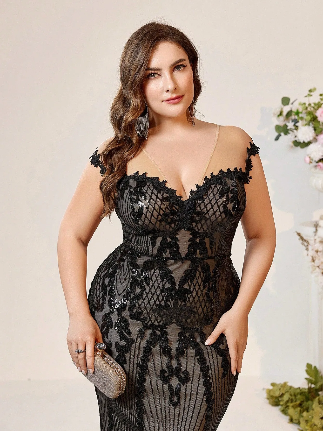 Plus Size Black Lace Sheer Luxurious Beaded Mermaid Dress