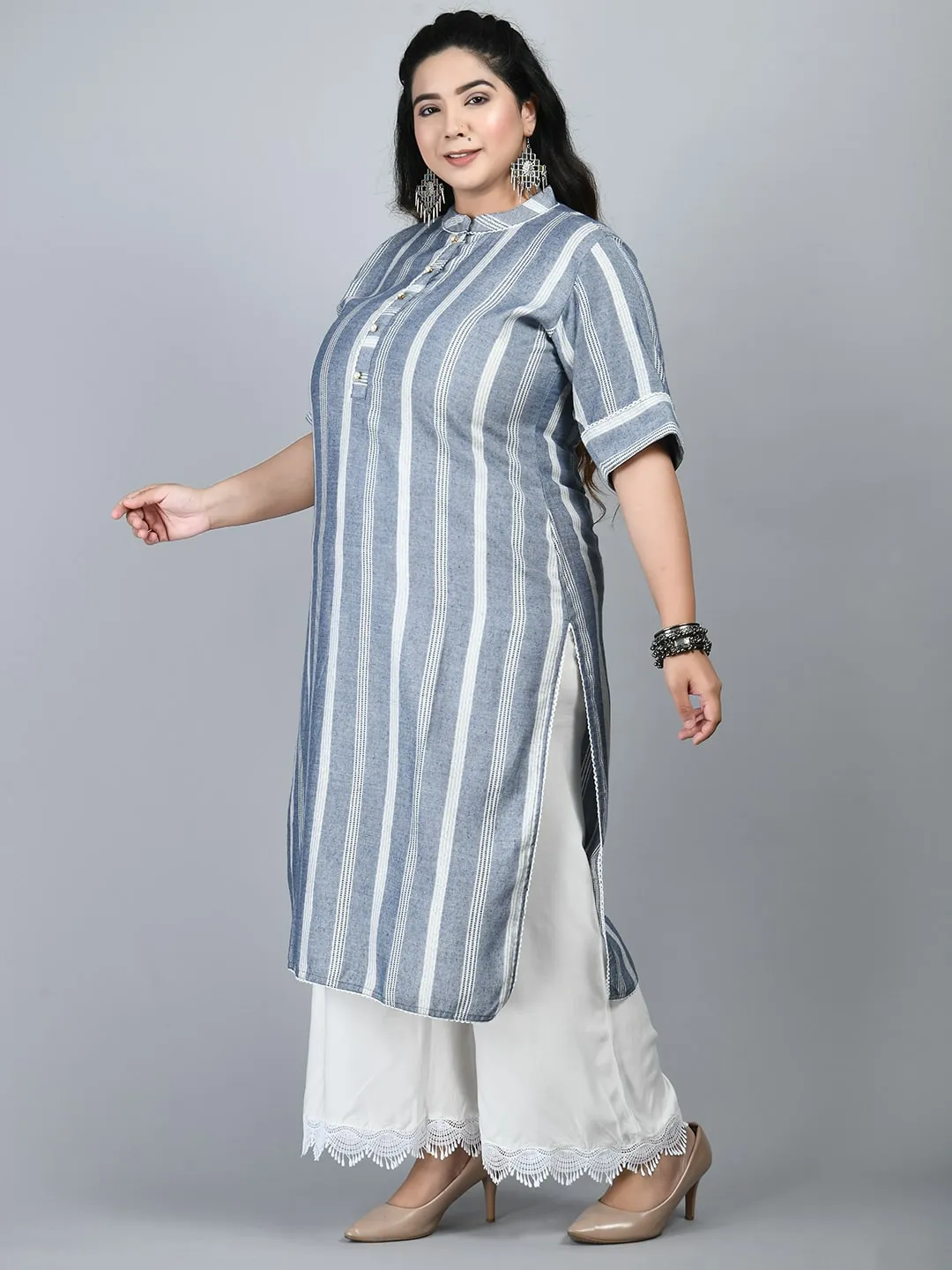 Plus Size Minimalistic Striped Grey Kurta Palazzo Set