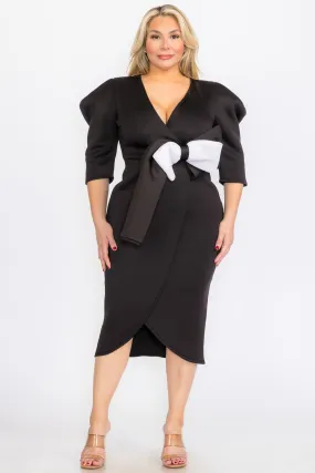 Plus Size Puffy Cap 3/Sleeves Wrap Peplum Midi Dresses with Bow Waist Detail