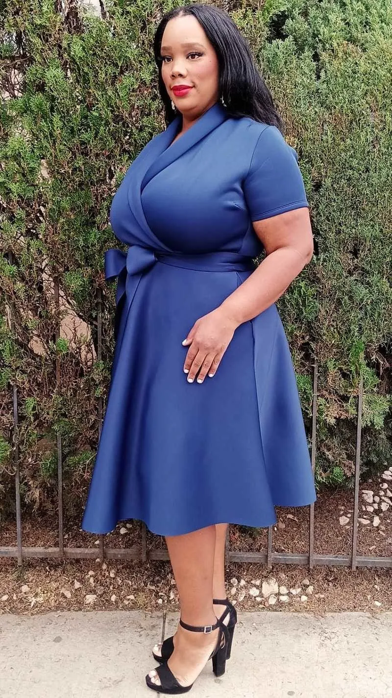 Plus Size Wrap Front Midi Dress with Belt and Pockets