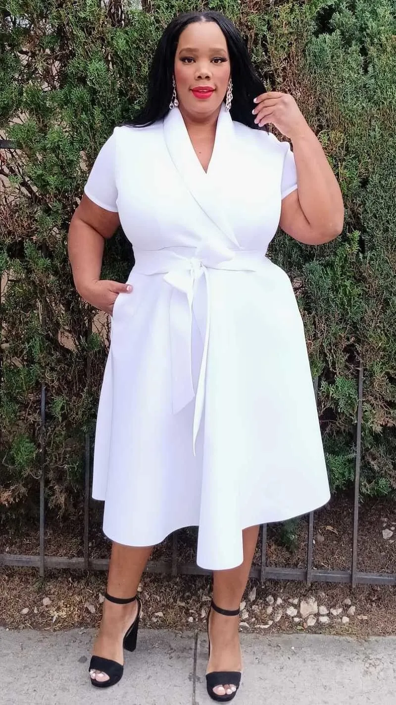 Plus Size Wrap Front Midi Dress with Belt and Pockets