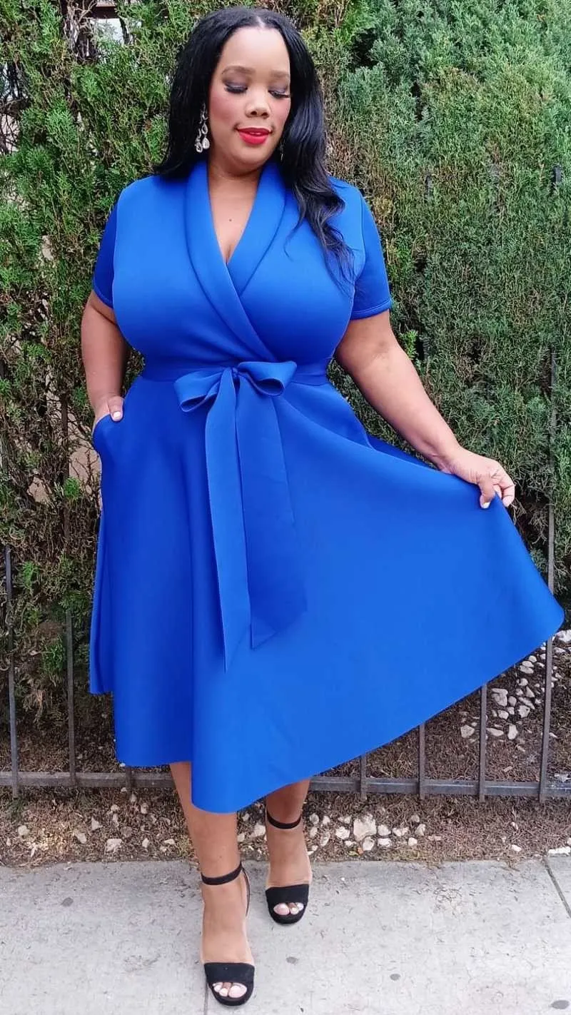 Plus Size Wrap Front Midi Dress with Belt and Pockets