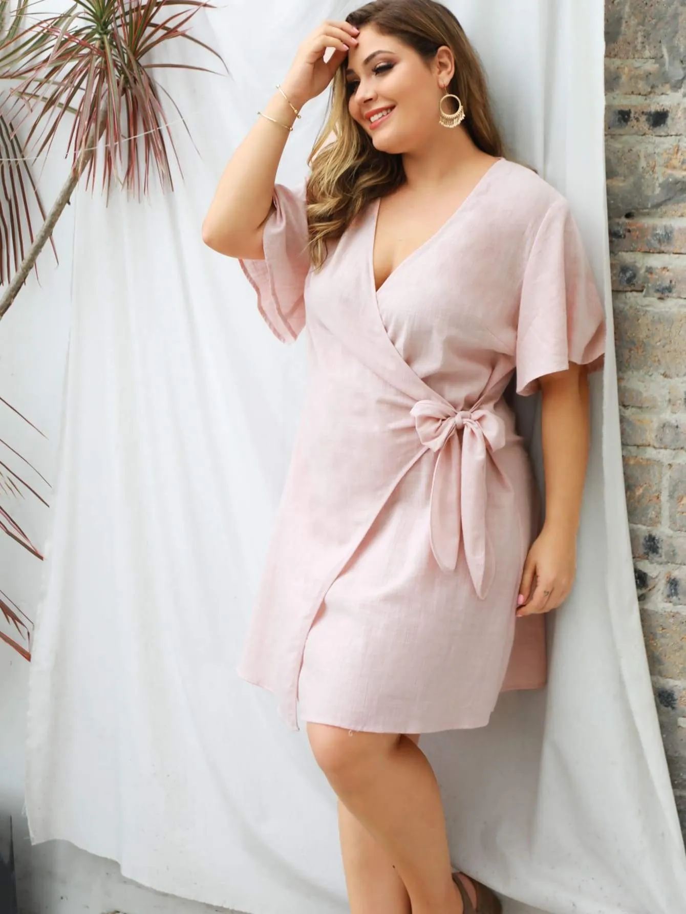 Plus Solid Tie Side Wrap Dress