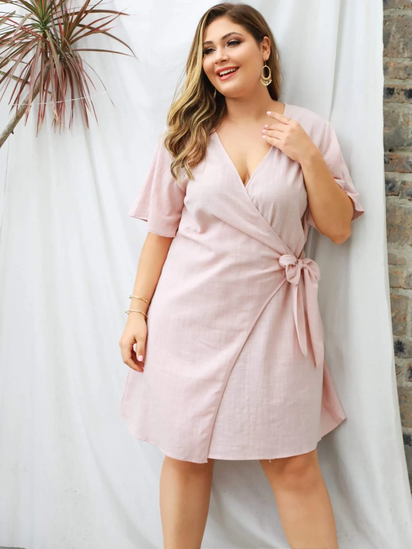 Plus Solid Tie Side Wrap Dress