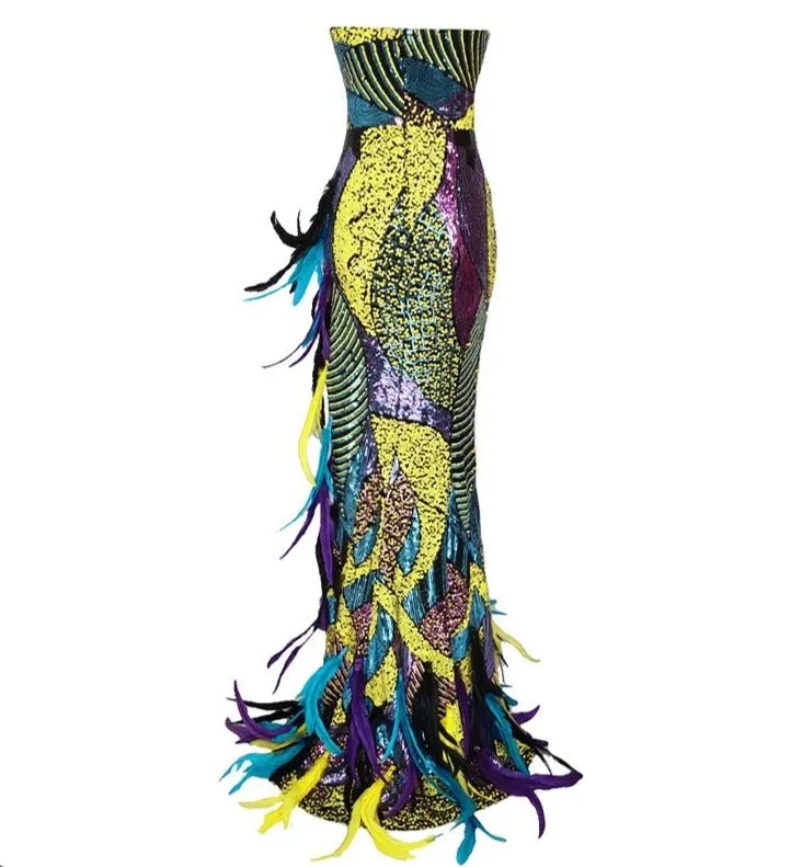 Pre Order:  Feathered Sequined Strapless Mermaid Gown