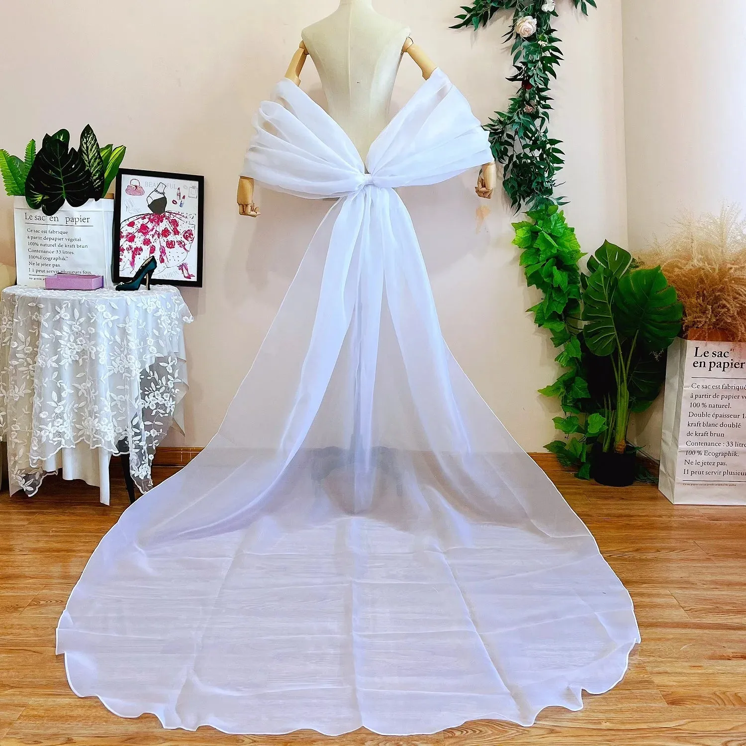 Puff Organza Sleeves Detachable Bow With Train  Wedding Accessory