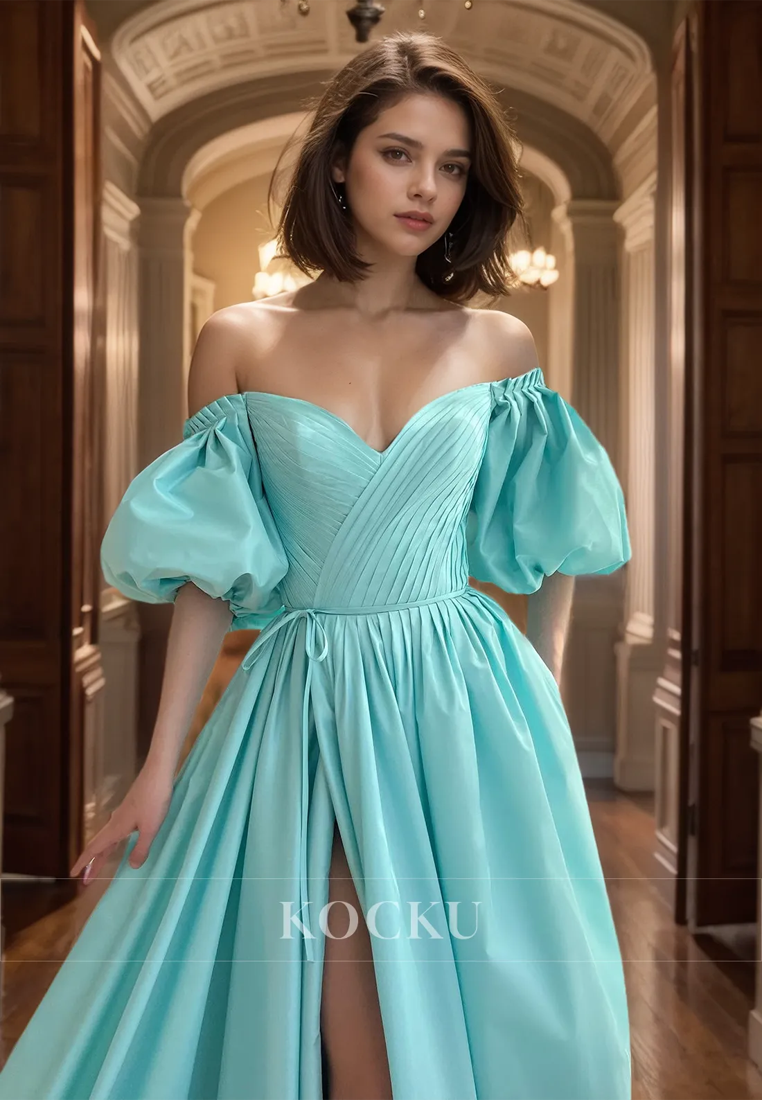 Puff Sleeves A-Line Sweetheart Floor-Length Ruched Satin Prom Dress Evening Gown with High Split