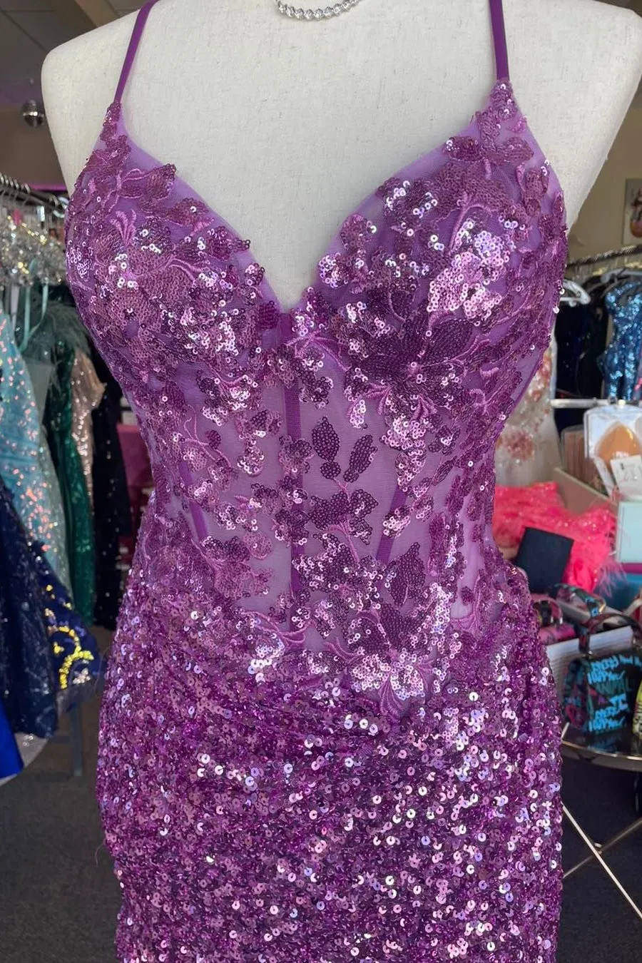 Purple Straps Sequined Embroidery Sheath Homecoming Dress