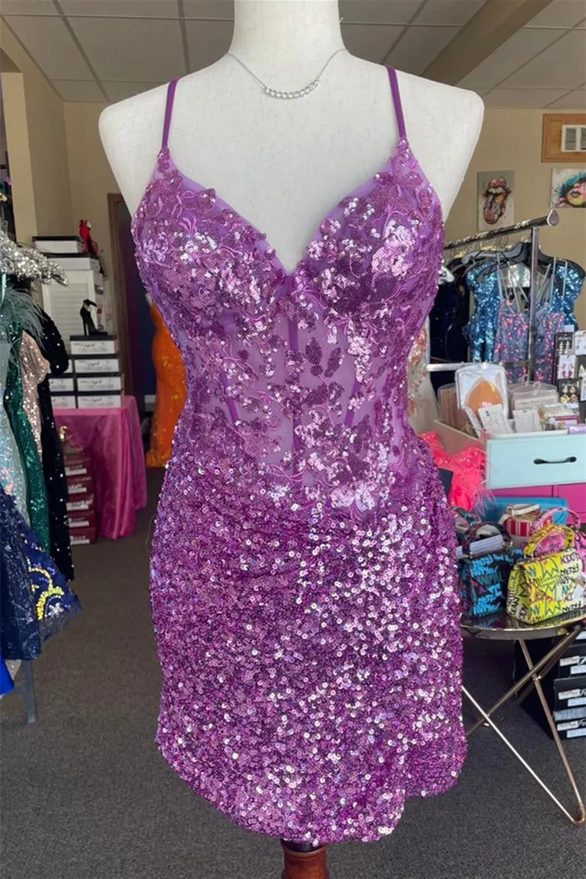 Purple Straps Sequined Embroidery Sheath Homecoming Dress