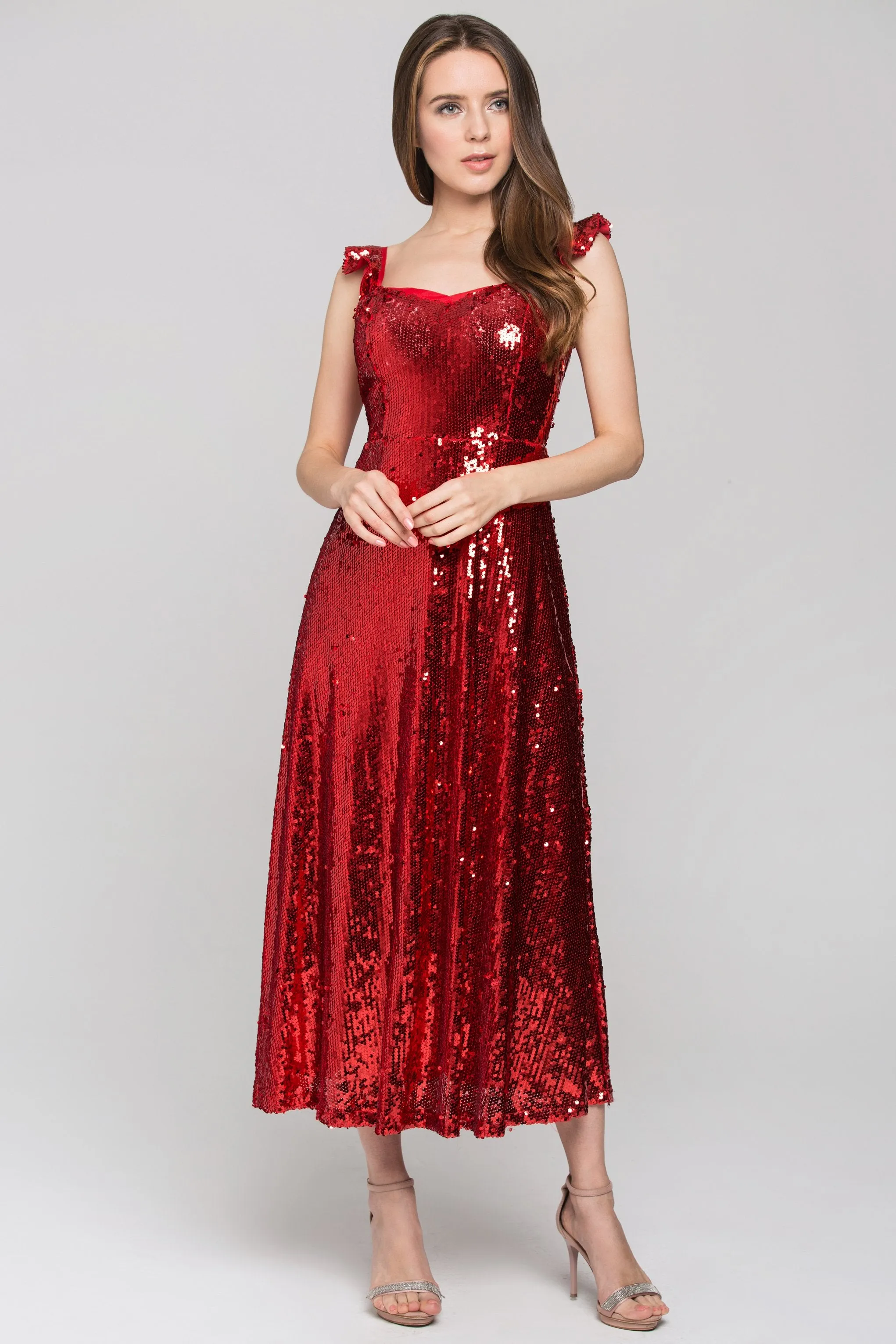 Red Sequined Ruffle Strap Evening Dress