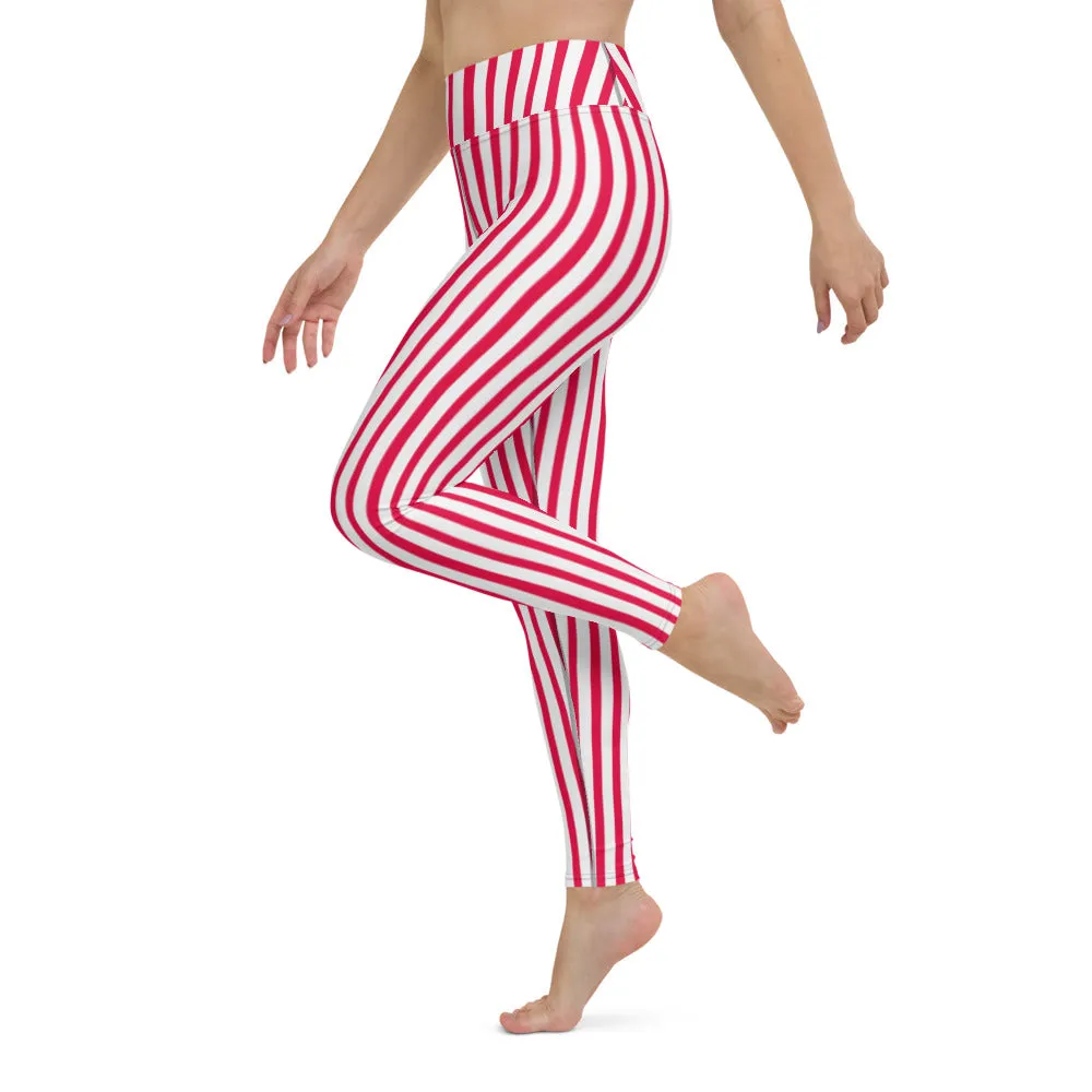 Red White Striped Yoga Leggings, Colorful Vertical Stripes Women's Long Tights-Made in USA/EU