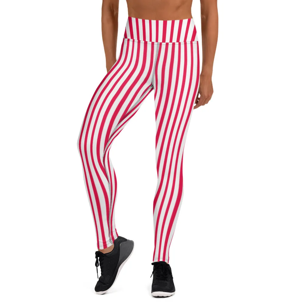 Red White Striped Yoga Leggings, Colorful Vertical Stripes Women's Long Tights-Made in USA/EU