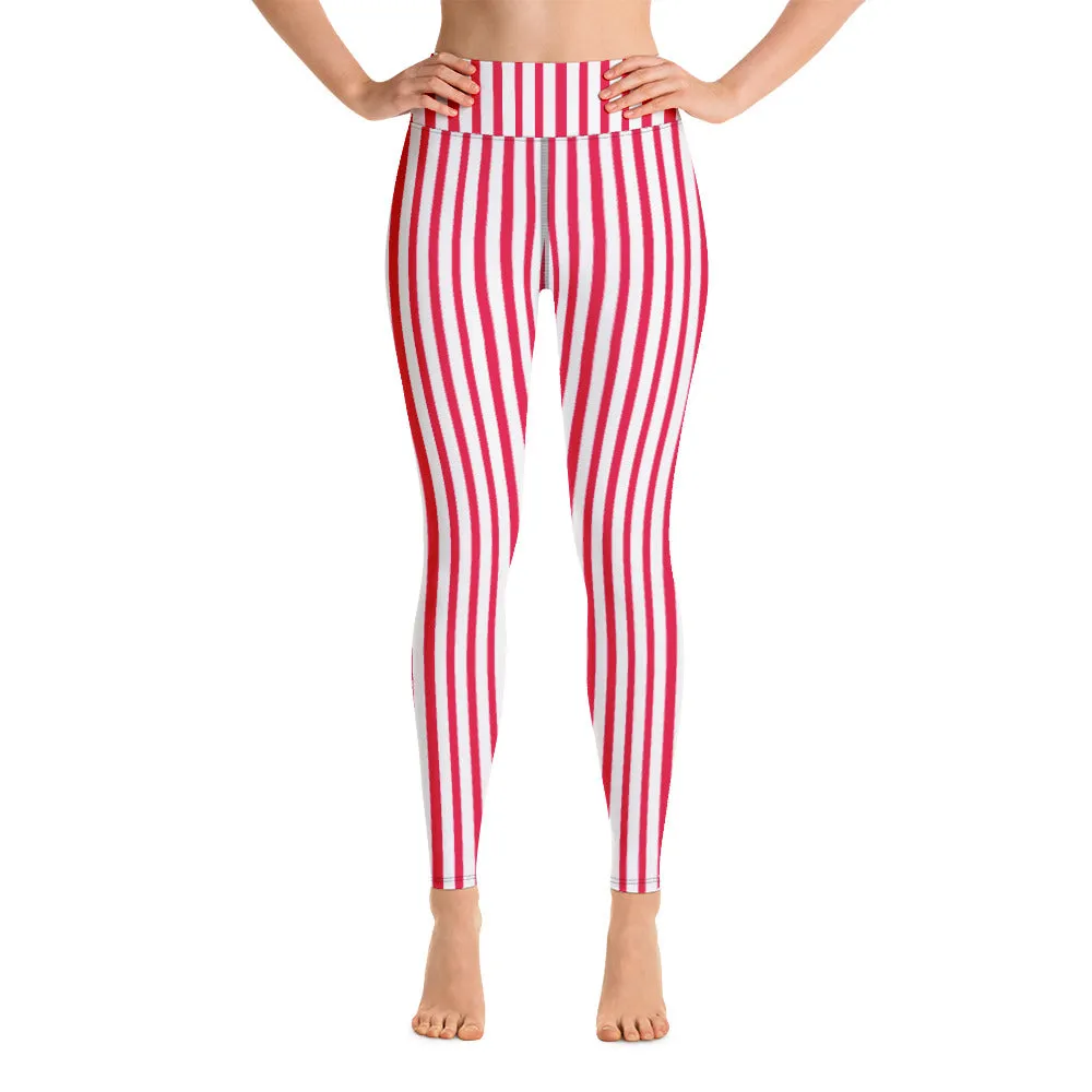 Red White Striped Yoga Leggings, Colorful Vertical Stripes Women's Long Tights-Made in USA/EU