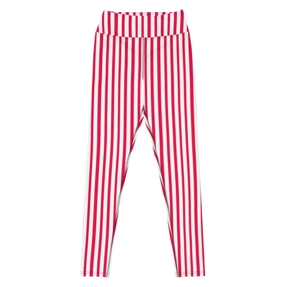 Red White Striped Yoga Leggings, Colorful Vertical Stripes Women's Long Tights-Made in USA/EU