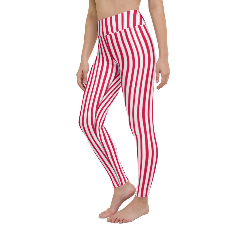 Red White Striped Yoga Leggings, Colorful Vertical Stripes Women's Long Tights-Made in USA/EU