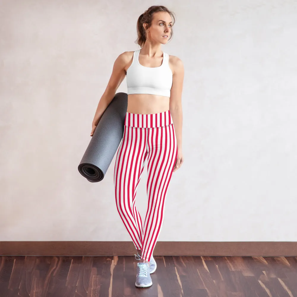 Red White Striped Yoga Leggings, Colorful Vertical Stripes Women's Long Tights-Made in USA/EU