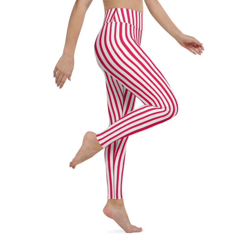 Red White Striped Yoga Leggings, Colorful Vertical Stripes Women's Long Tights-Made in USA/EU