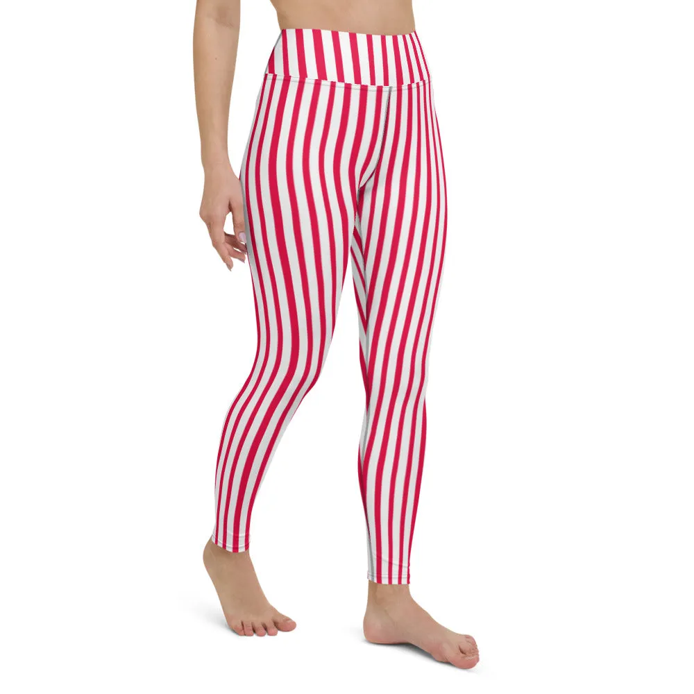 Red White Striped Yoga Leggings, Colorful Vertical Stripes Women's Long Tights-Made in USA/EU