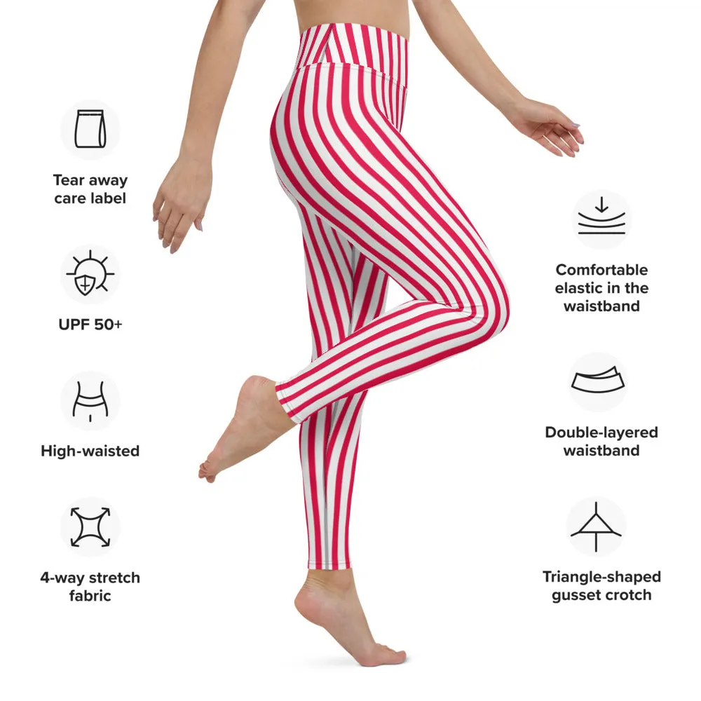 Red White Striped Yoga Leggings, Colorful Vertical Stripes Women's Long Tights-Made in USA/EU