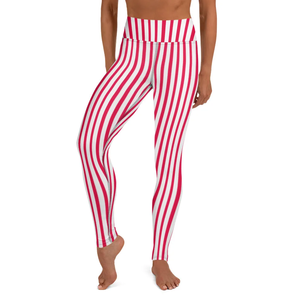 Red White Striped Yoga Leggings, Colorful Vertical Stripes Women's Long Tights-Made in USA/EU