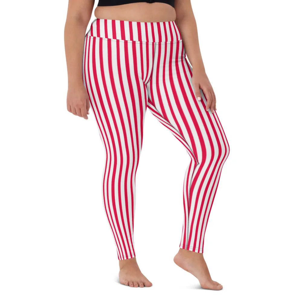 Red White Striped Yoga Leggings, Colorful Vertical Stripes Women's Long Tights-Made in USA/EU