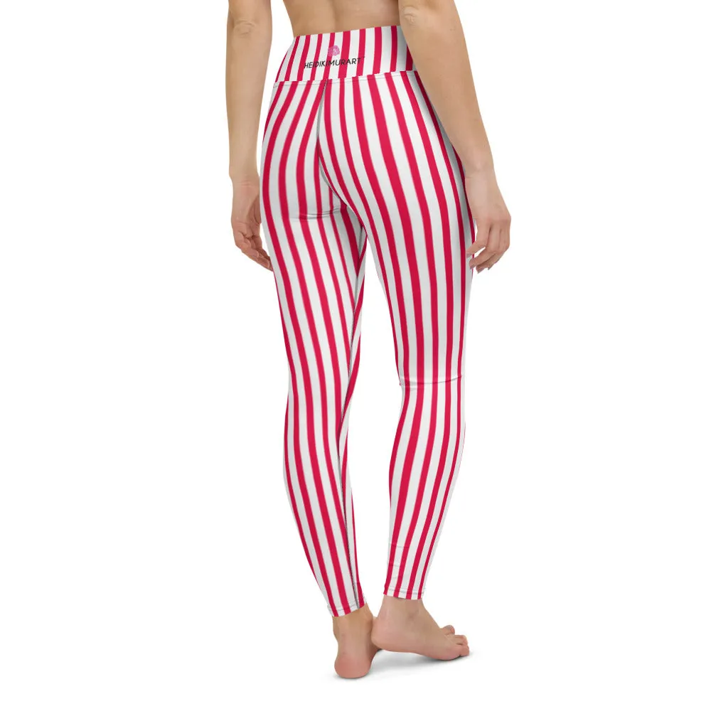 Red White Striped Yoga Leggings, Colorful Vertical Stripes Women's Long Tights-Made in USA/EU