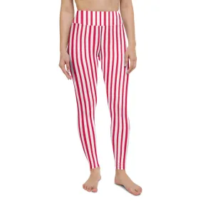 Red White Striped Yoga Leggings, Colorful Vertical Stripes Women's Long Tights-Made in USA/EU