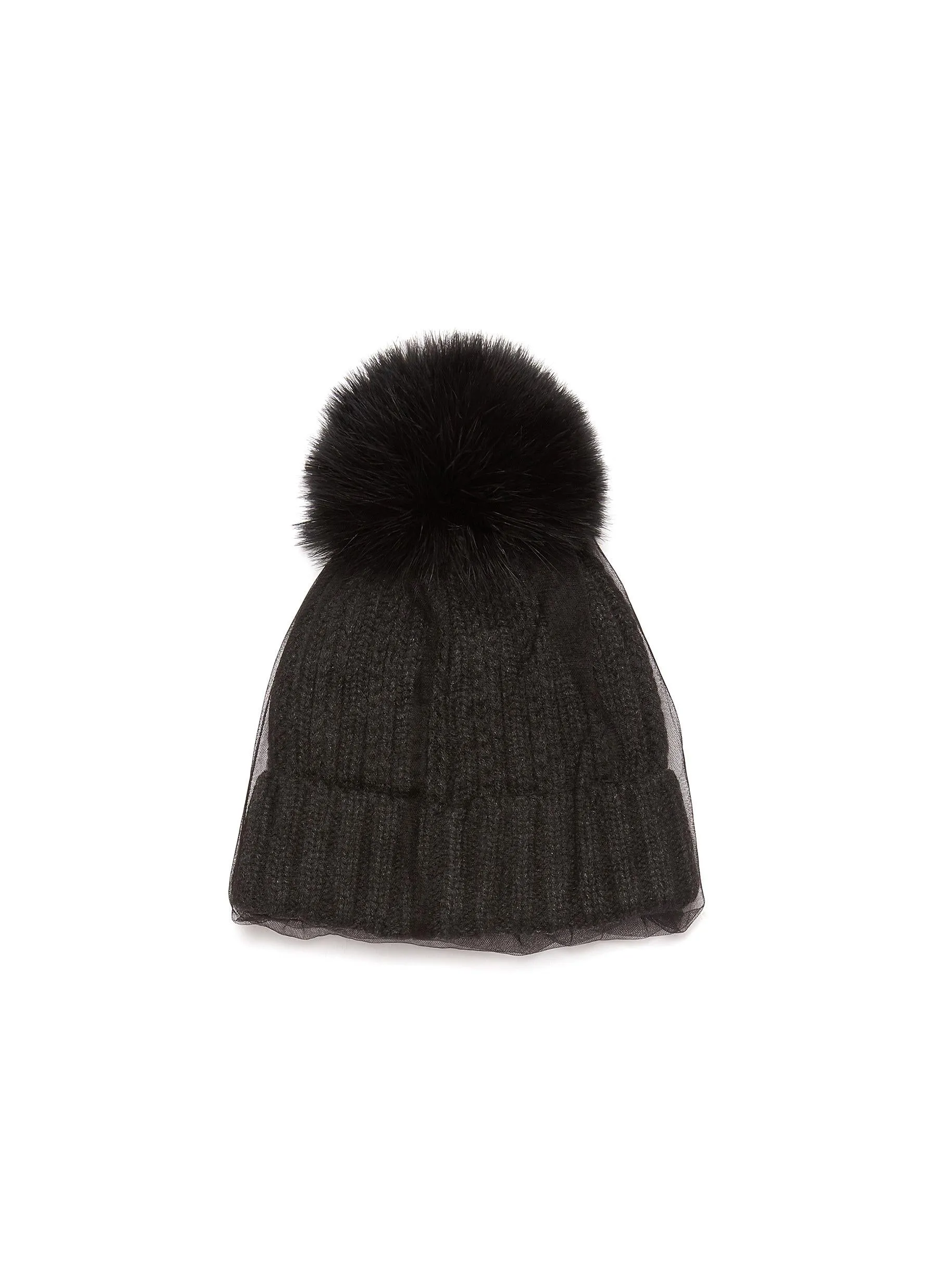 'ROCK' STAR MOTIF EMBELLISHED MESH VEIL POM POM BEANIE