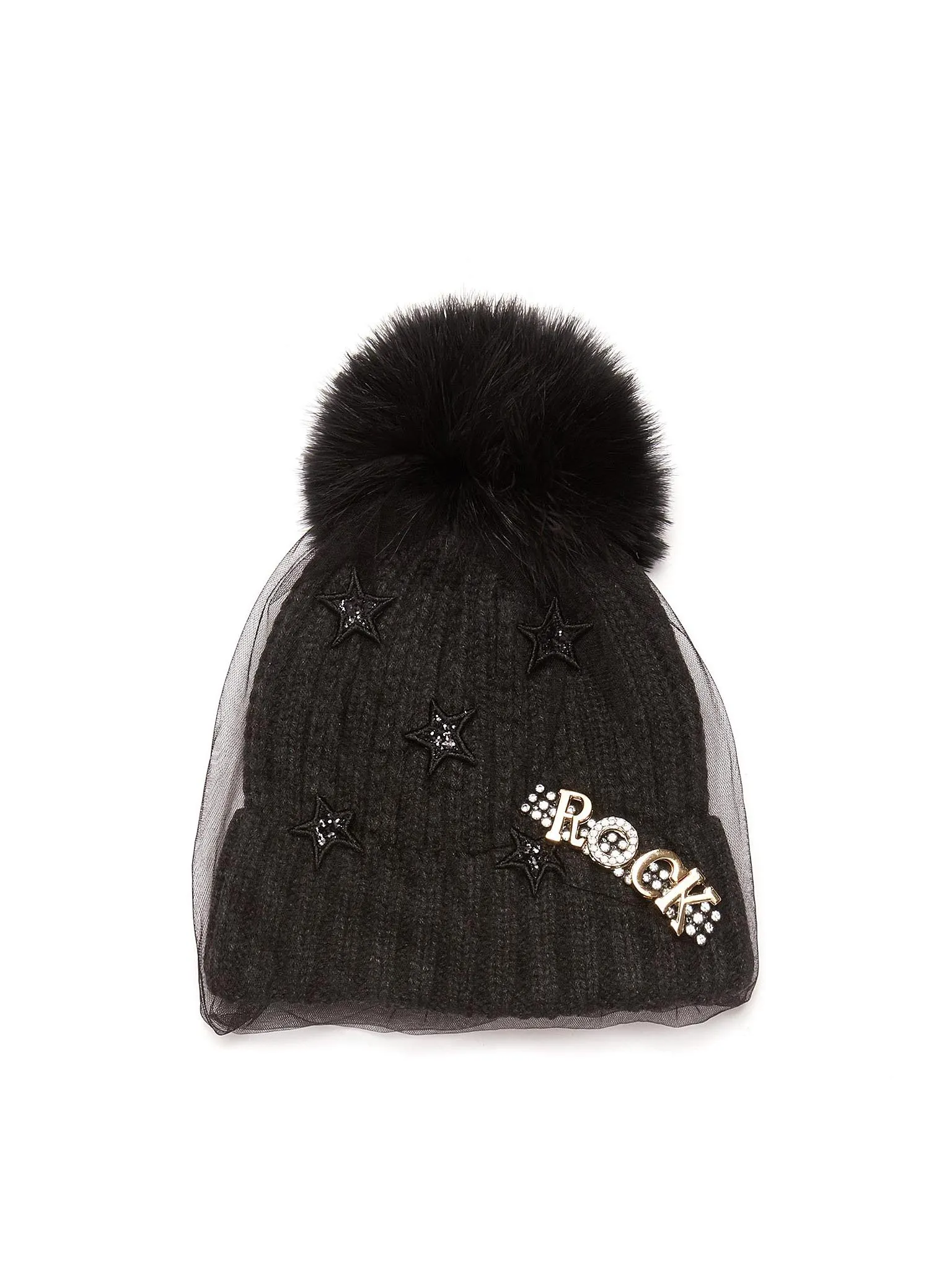 'ROCK' STAR MOTIF EMBELLISHED MESH VEIL POM POM BEANIE