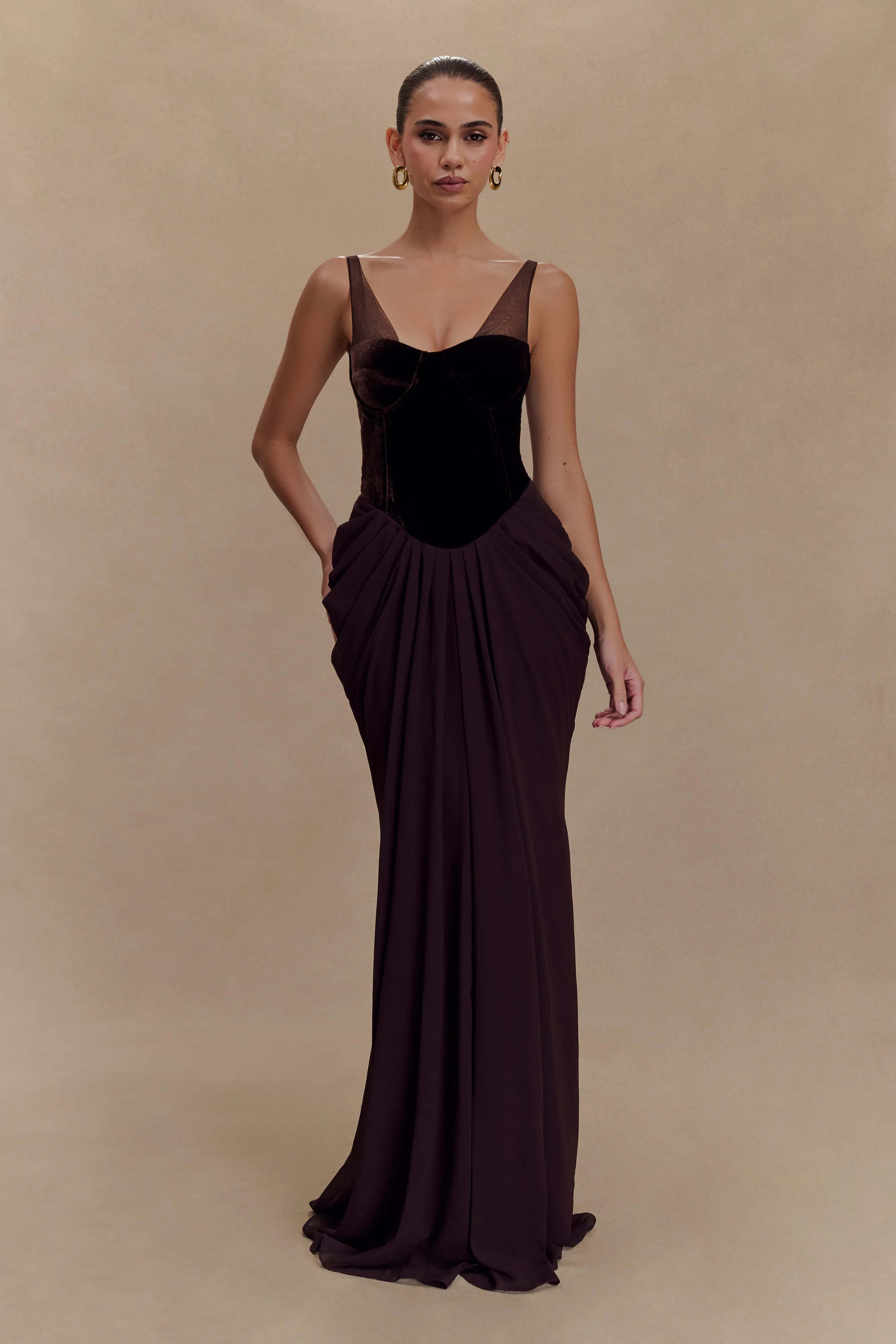 Roxanne Velvet Corset Maxi Dress - Cacao Brown