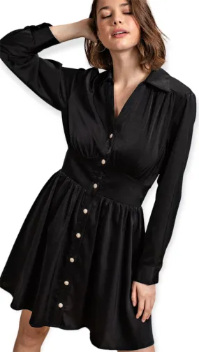 Ruby”s Satin Dress With Jeweled Buttons- Black