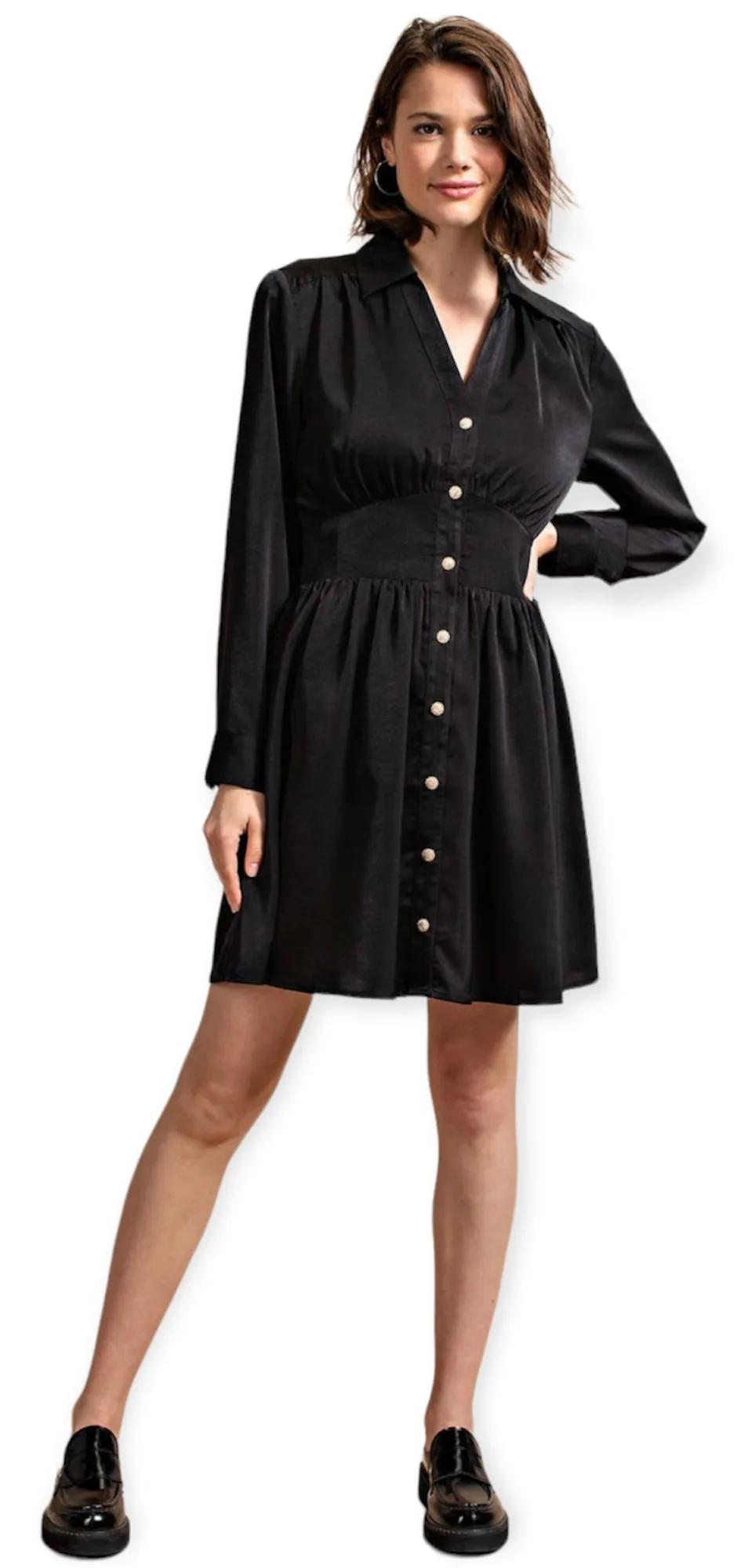 Ruby”s Satin Dress With Jeweled Buttons- Black