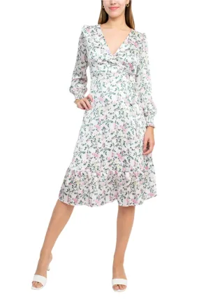 Sage Collective V-Neck Tie Side Long Sleeve Ruffled Cuff And Sleeve Floral Print Satin Dress