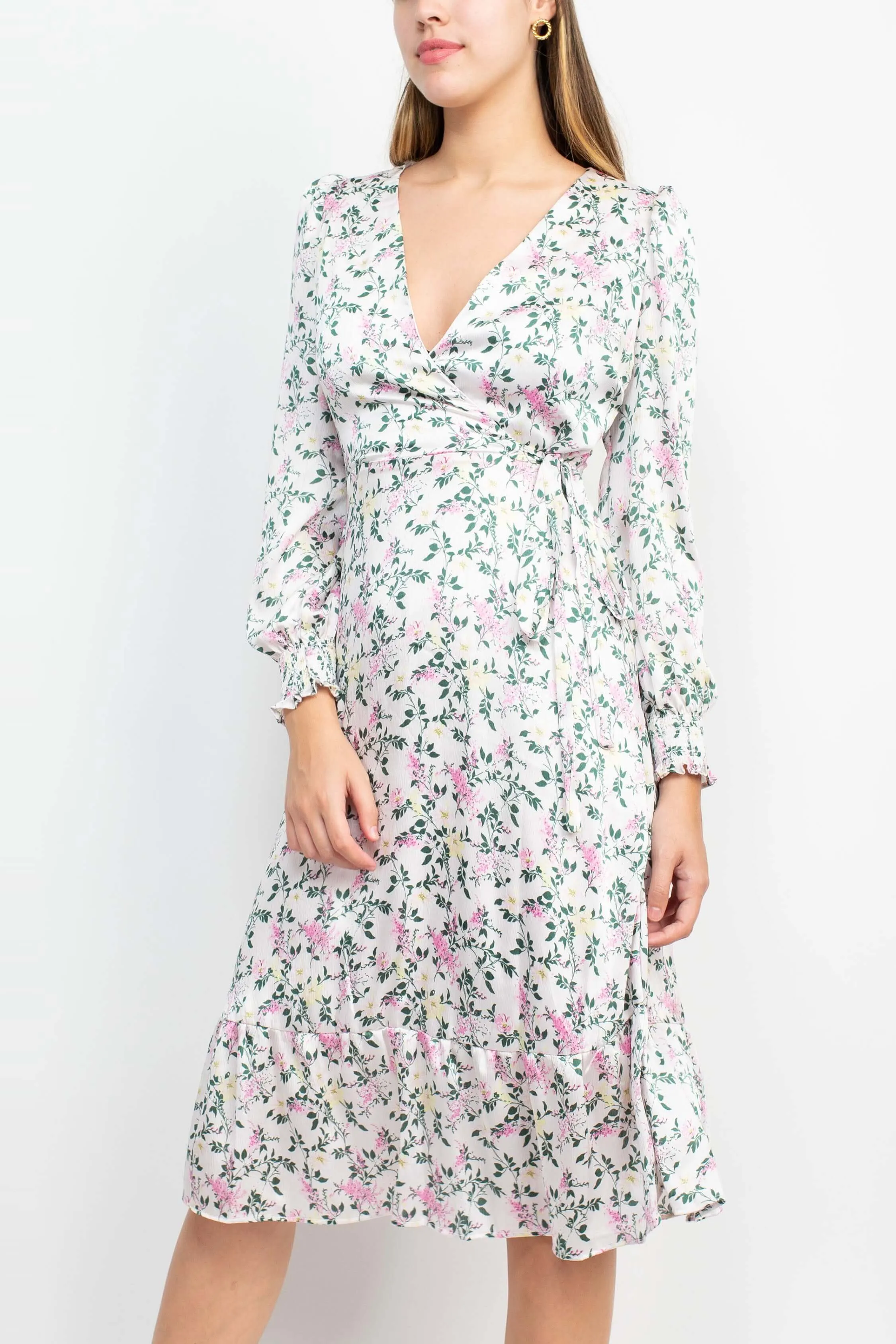 Sage Collective V-Neck Tie Side Long Sleeve Ruffled Cuff And Sleeve Floral Print Satin Dress